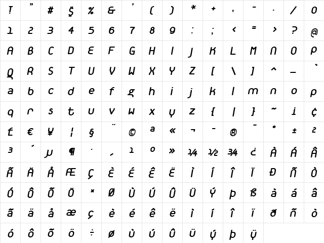 TantalusAlternativeBoldItalic Regular  glyph index