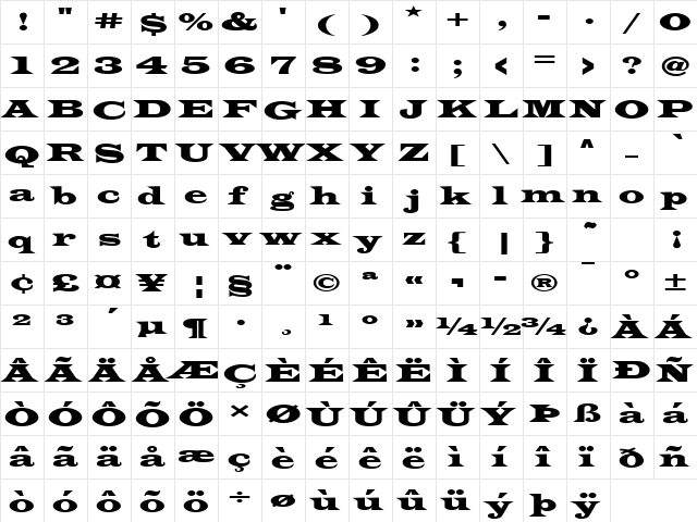 LatinWidD Regular  glyph index