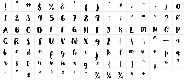 Glamour Brush Regular  glyph index