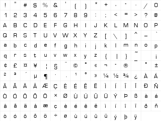 Eurostile Becker Regular  glyph index