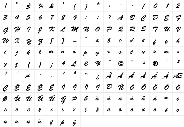 Brush Script LT Regular  glyph index