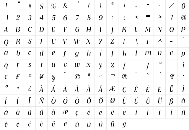 Tennessee Light SF Italic  glyph index