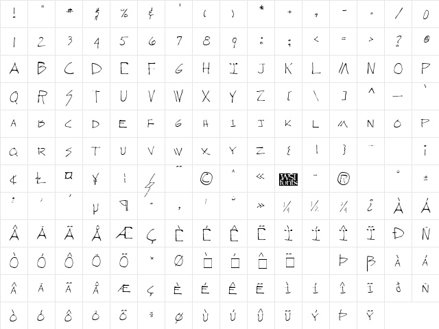WebstersHand Regular  glyph index