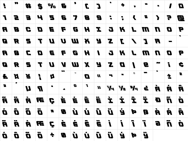 Super Submarine Leftalic Italic  glyph index