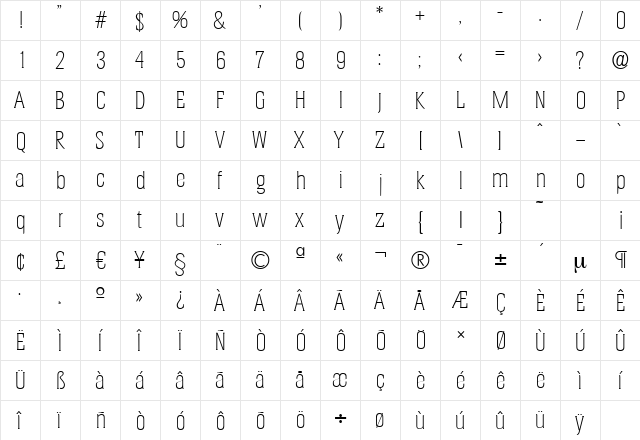 HeliumSerial-Xlight Regular  glyph index