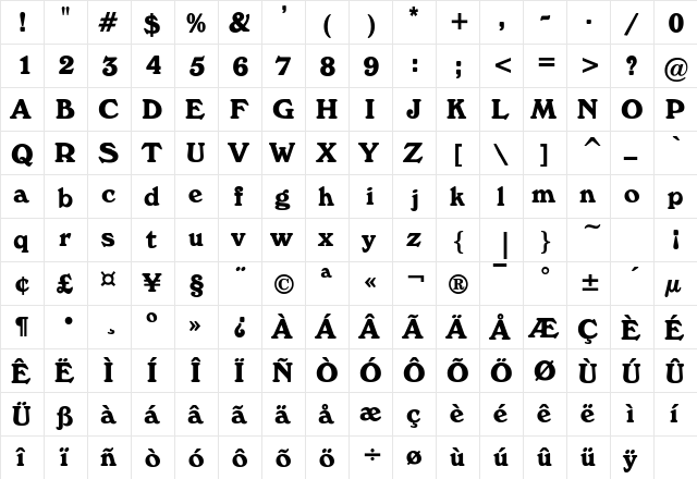 Buckingham Bold  glyph index