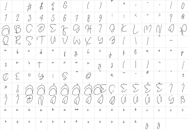 Princess Berlianty Regular  glyph index