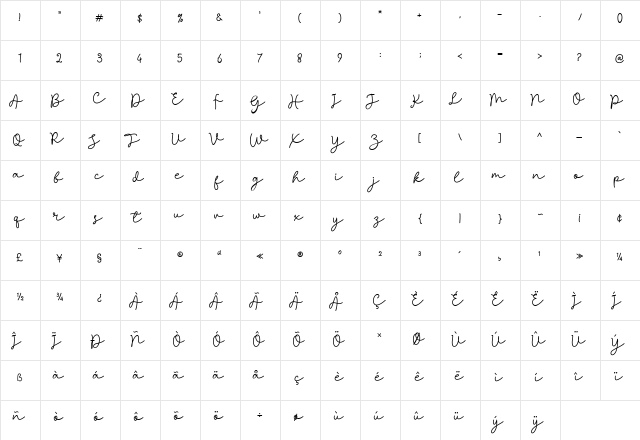 sheenline script Regular  glyph index