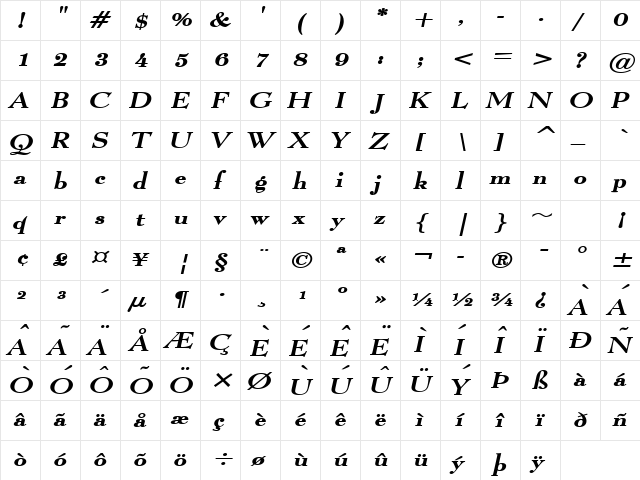 Luciano Wide BoldItalic  glyph index
