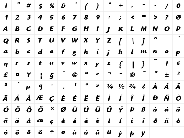 ITCHighlander LT Book Bold Italic  glyph index