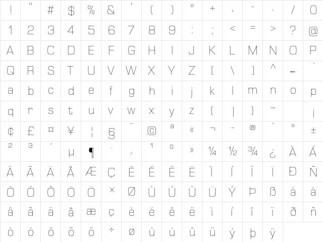 Eurostile Next LT Pro Ultra Light  glyph index