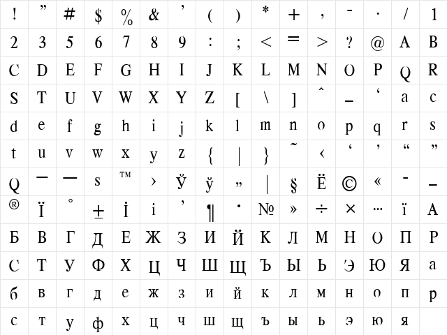 Respect Narrow Plain  glyph index