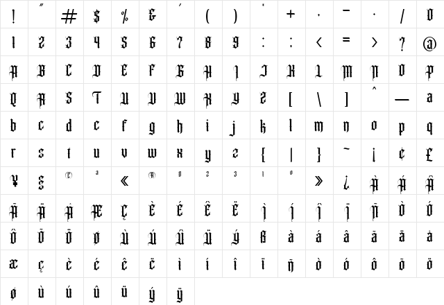 Angel wish Regular  glyph index