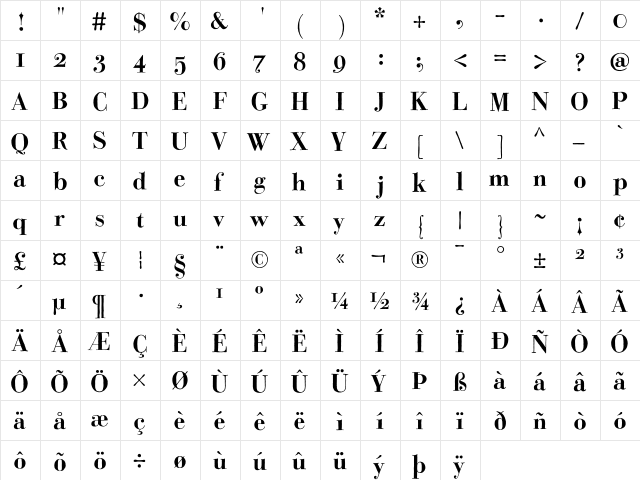 BodoniClassicHD Bold  glyph index