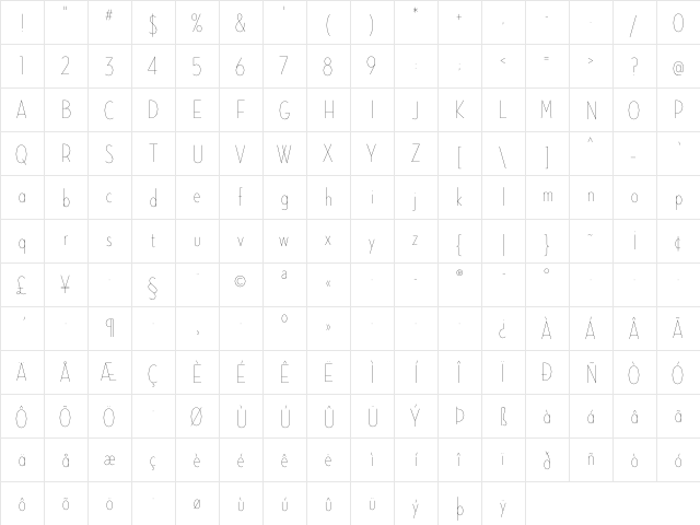 Neutraface Condensed Thin Alt  glyph index