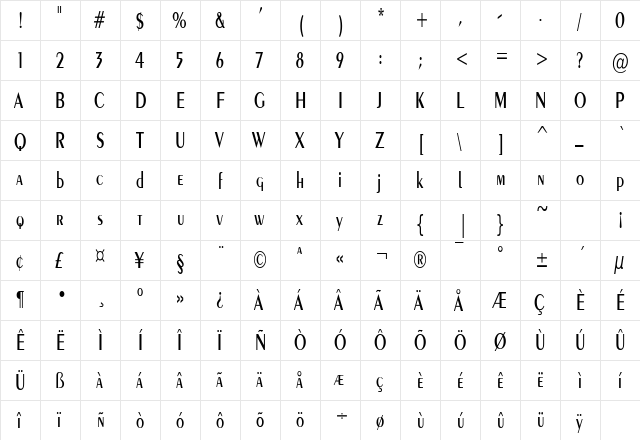 PenwinCondensed Regular  glyph index