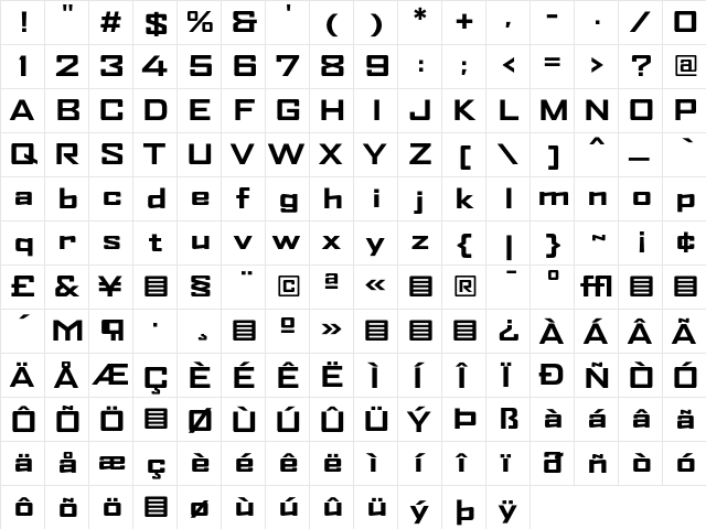 AgencyFB BoldExtended  glyph index