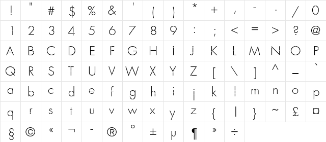 FavoritTraf-Light Regular  glyph index