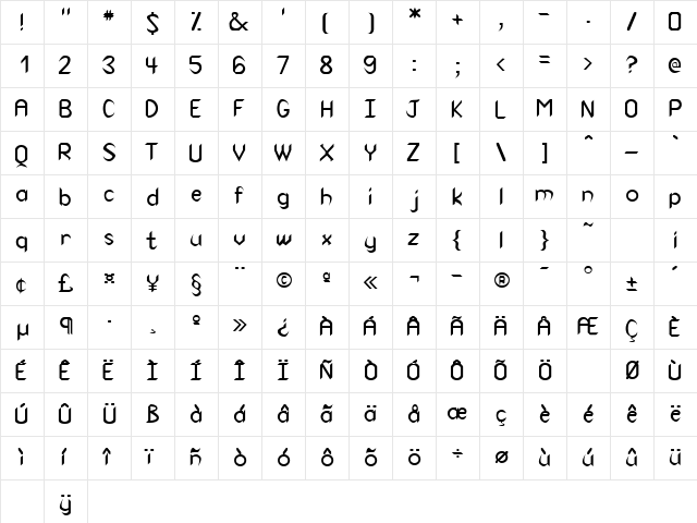 VirtuaSSK Regular  glyph index