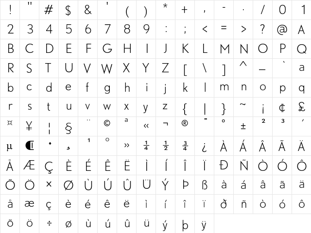 DTL Nobel T Light  glyph index