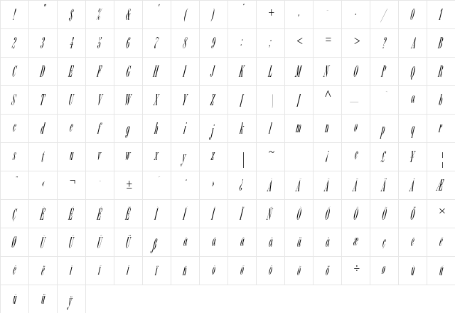 Bordeaux Roman Std Italic  glyph index