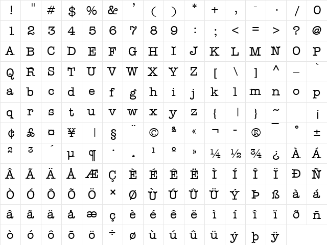 Typist Normal  glyph index