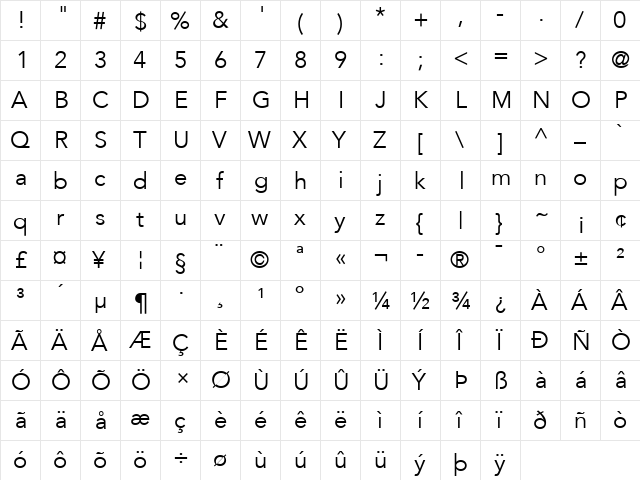 Avenir Regular  glyph index