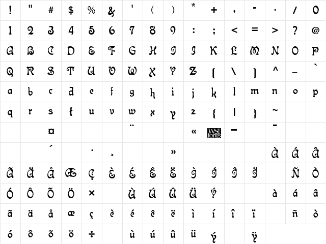 Topeka Regular  glyph index