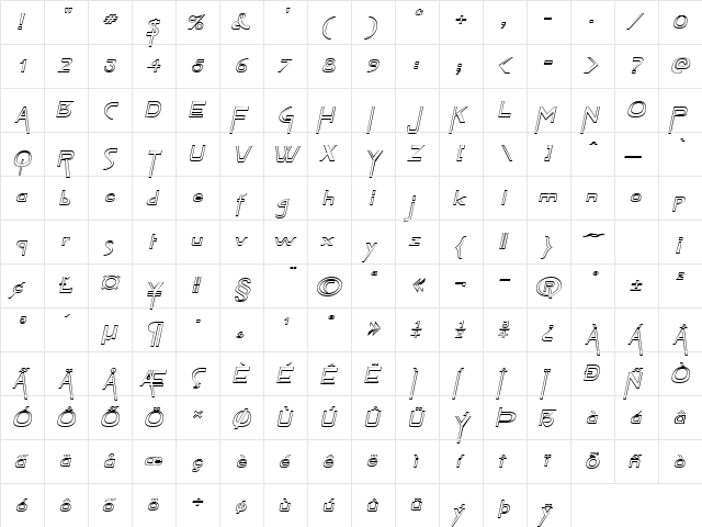 TabletHollowExtended Italic  glyph index