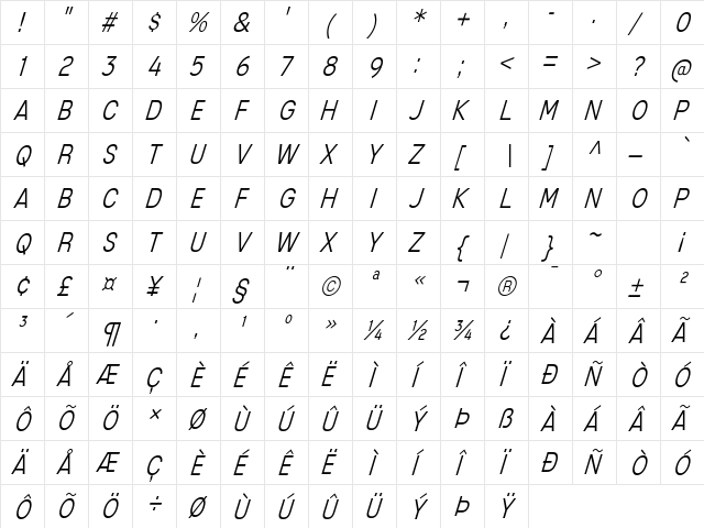 Mixolydian Titling Light Italic  glyph index