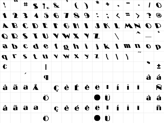 Miami Lefty Bold Bold  glyph index