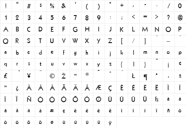 Zeppelin Regular  glyph index