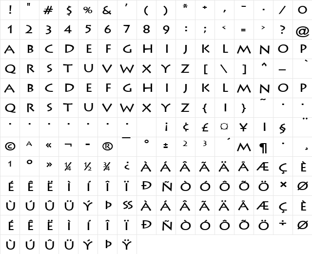 Liste-Extended Bold  glyph index