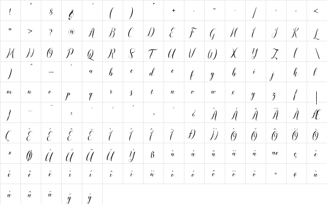pauline script Regular  glyph index