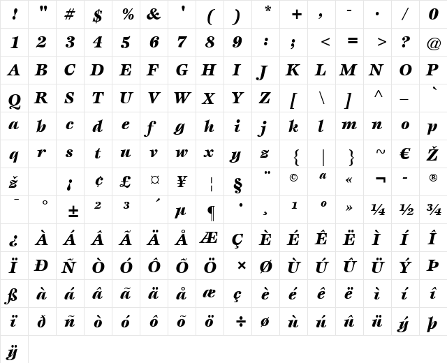 Esprit LT Black Italic  glyph index