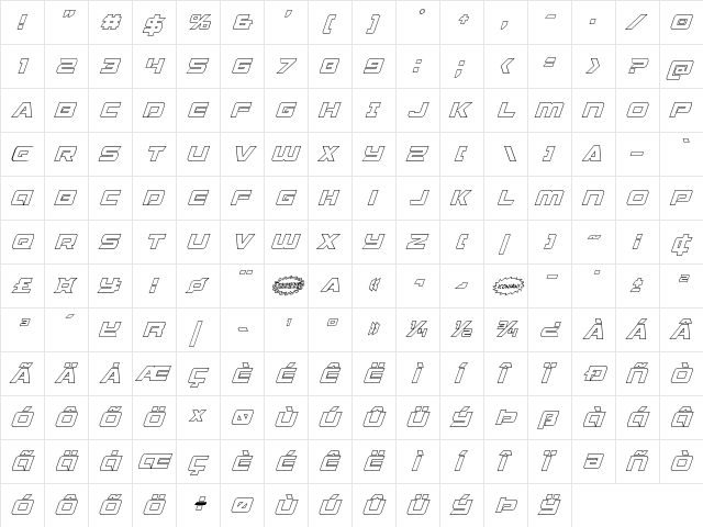 Starduster Shadow Italic Italic  glyph index
