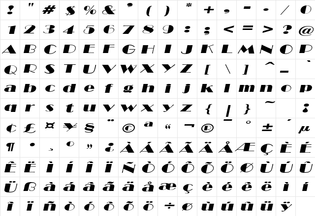 NewYorkDecoExtended Oblique  glyph index