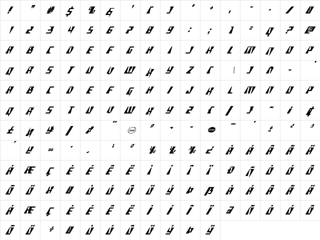 X-Racer Condensed Italic Condensed Italic  glyph index
