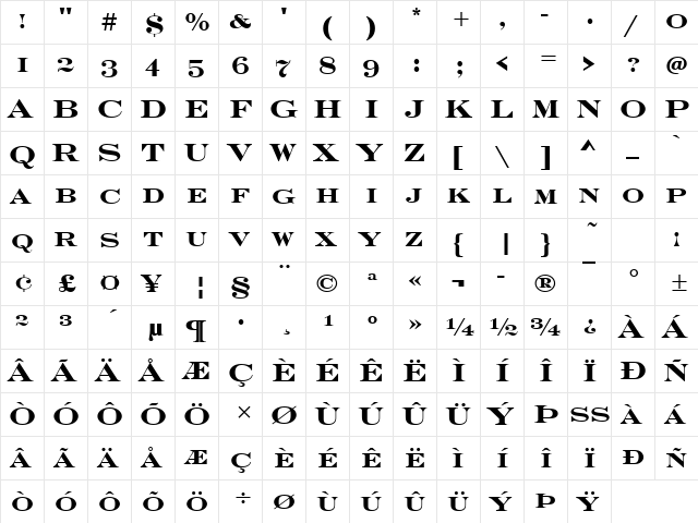 Engravers Becker Caps Bold  glyph index