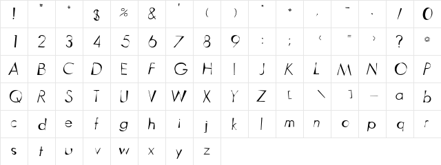 Earthquake Regular  glyph index