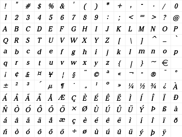 Chelsey BoldItalic  glyph index