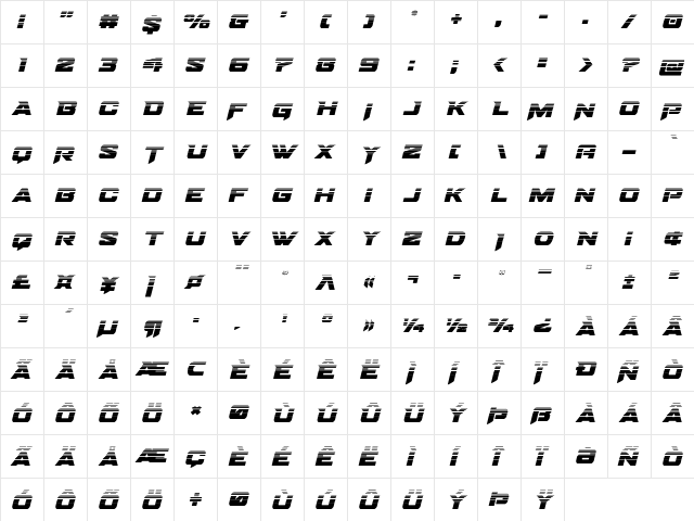 Bomber Escort Halftone Italic Regular  glyph index