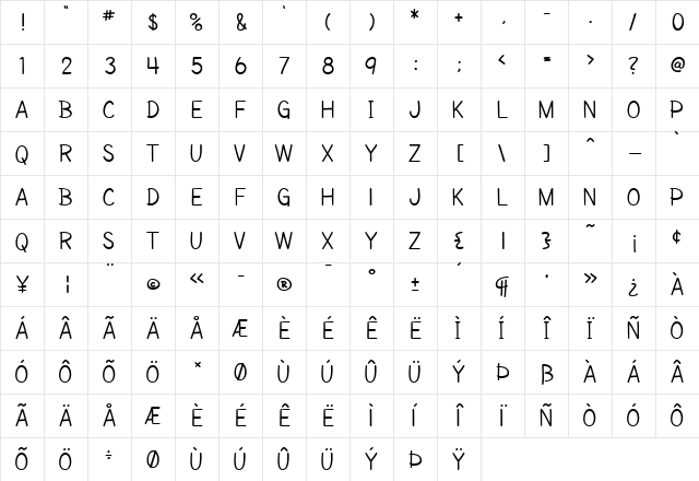 SF Cartoonist Hand SC Regular  glyph index