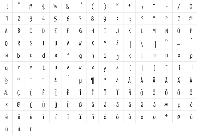 Typewriter_Condensed Regular  glyph index