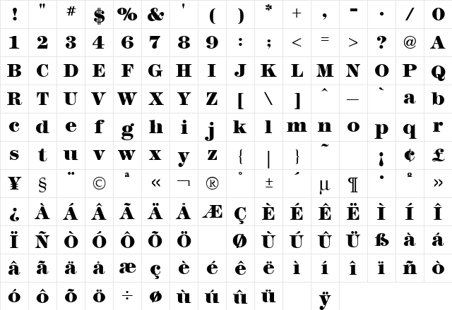 Modern No. 216 Heavy Regular  glyph index