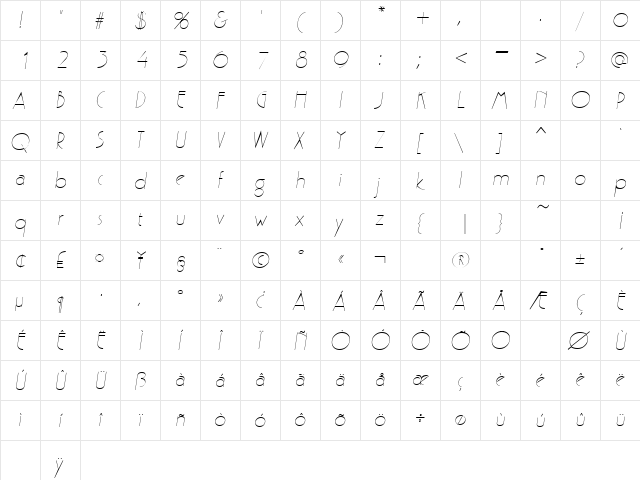 Parisian SF Italic  glyph index