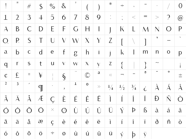 Vanitas Regular  glyph index