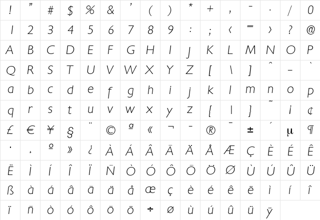 DavidBecker-ExtraLight Italic  glyph index