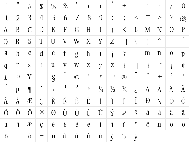 Ellington Light  glyph index
