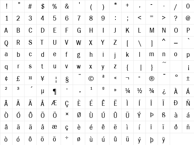 FranklinGothicCond Regular  glyph index